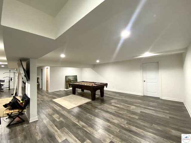 recreation room with recessed lighting, baseboards, dark wood finished floors, and pool table