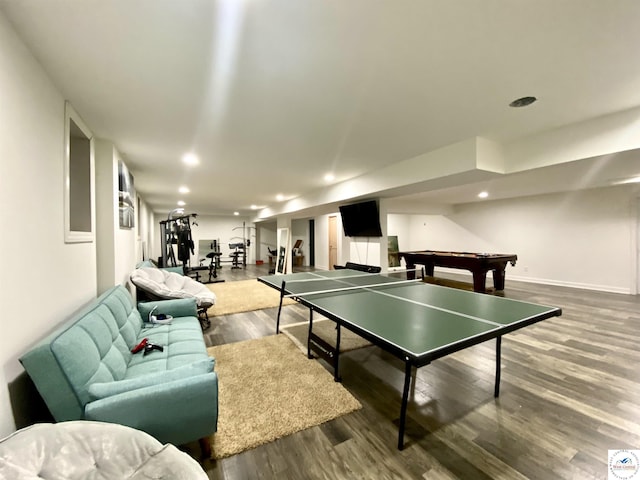game room featuring baseboards, wood finished floors, recessed lighting, and billiards