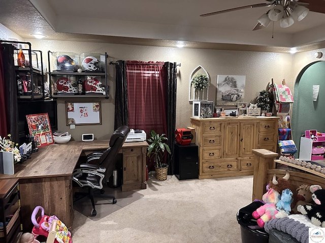 34443 Peters Ave, Warsaw, MO 65355 - office area with carpet flooring, a ceiling fan, and a textured wall