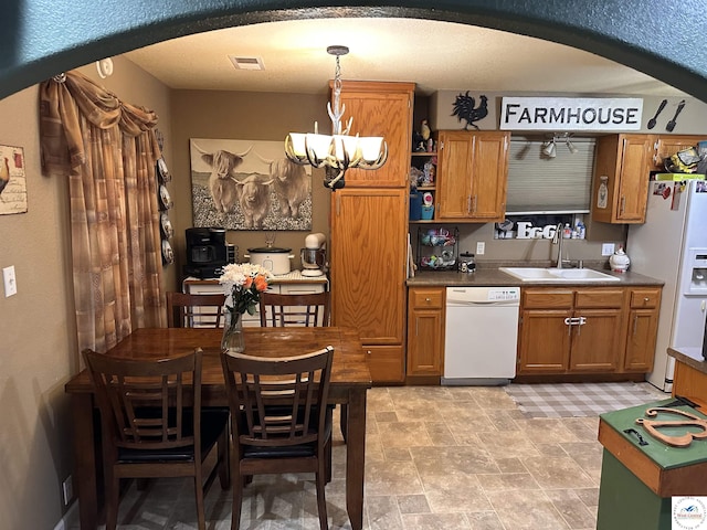 34443 Peters Ave, Warsaw, MO 65355 - kitchen featuring brown cabinets, open shelves, a sink, visible vents, and white appliances