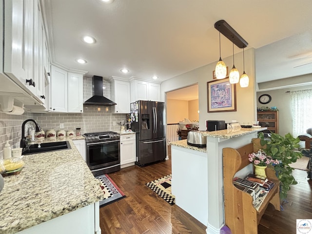 711 Katy Cir, Sedalia, MO 65301 - kitchen with wall chimney exhaust hood, stainless steel gas stove, black refrigerator with ice dispenser, a sink, and tasteful backsplash