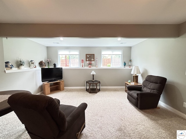 711 Katy Cir, Sedalia, MO 65301 - living room featuring carpet, baseboards, and recessed lighting