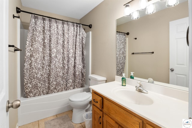 full bath featuring toilet, shower / bath combo, tile patterned flooring, and vanity