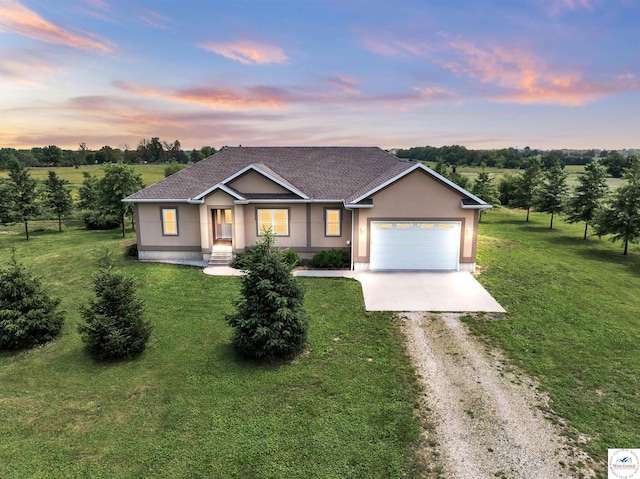 29854 Griessen Rd, Smithton, MO 65350 - ranch-style home with dirt driveway, an attached garage, a lawn, and roof with shingles