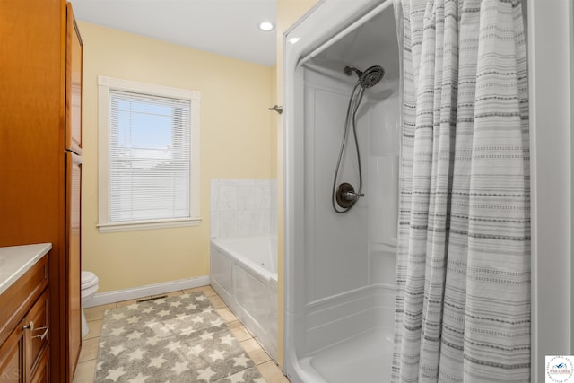 29854 Griessen Rd, Smithton, MO 65350 - bathroom with tile patterned flooring, vanity, a garden tub, baseboards, and toilet