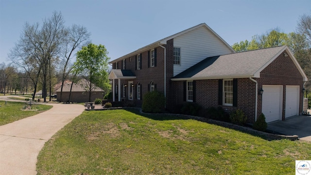 view of front of property with a front yard, a garage, brick siding, aphalt driveway, and roof with shingles