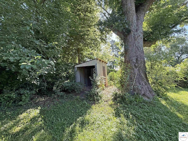 109 E Fairview St, Clinton, MO 64735 - view of yard featuring a storage unit and a wooded view