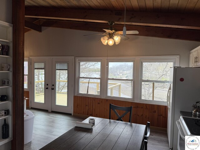 31450 Stonecrest Rd, Warsaw, MO 65355 - dining space featuring light wood finished floors, wooden ceiling, lofted ceiling with beams, a ceiling fan, and french doors