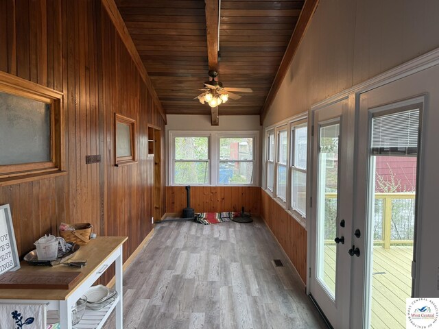 31450 Stonecrest Rd, Warsaw, MO 65355 - sunroom featuring lofted ceiling with beams, visible vents, wood walls, wood ceiling, and wood finished floors