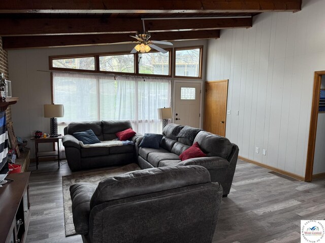 31450 Stonecrest Rd, Warsaw, MO 65355 - living room with wood finished floors, a healthy amount of sunlight, a ceiling fan, and beamed ceiling