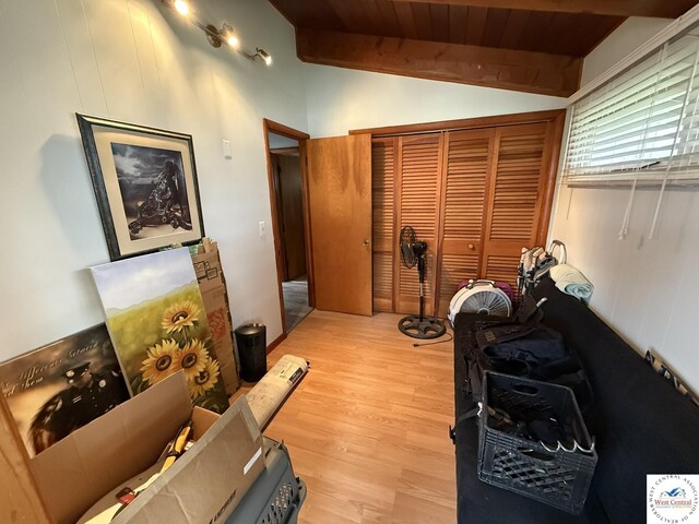 31450 Stonecrest Rd, Warsaw, MO 65355 - interior space with wooden ceiling, lofted ceiling with beams, and light wood-style flooring