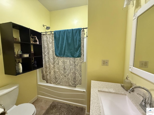 full bath with shower / bathtub combination with curtain, toilet, tile patterned flooring, and a sink