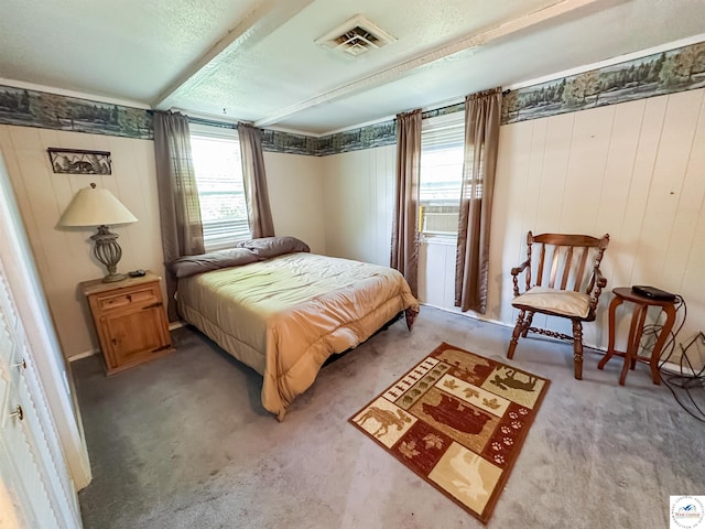 15157 Bass Rd, Gravois Mills, MO 65037 - bedroom with carpet flooring, a textured ceiling, and wooden walls