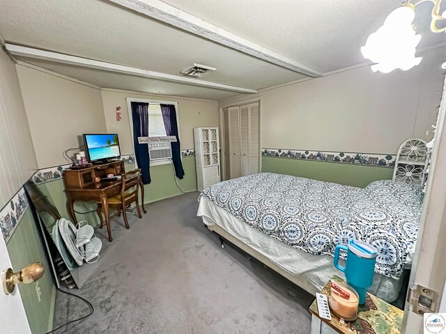 15157 Bass Rd, Gravois Mills, MO 65037 - bedroom featuring a chandelier, carpet, a textured ceiling, and cooling unit