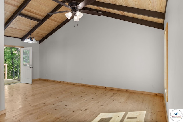 Gardiner Rd, Edwards, MO 65326 - unfurnished room with baseboards, wood ceiling, a chandelier, light wood-style floors, and ceiling fan