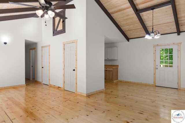 Gardiner Rd, Edwards, MO 65326 - unfurnished living room with high vaulted ceiling, wood ceiling, ceiling fan, a chandelier, and light wood-style flooring