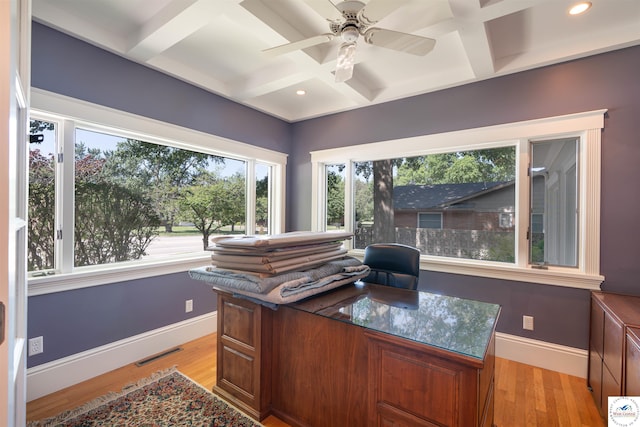 1114 W Broadway Blvd, Sedalia, MO 65301 - office area with coffered ceiling, light wood-type flooring, ceiling fan, recessed lighting, and beamed ceiling
