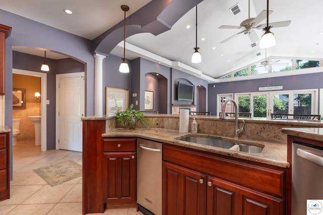 1114 W Broadway Blvd, Sedalia, MO 65301 - kitchen with dishwasher, arched walkways, a ceiling fan, hanging light fixtures, and lofted ceiling
