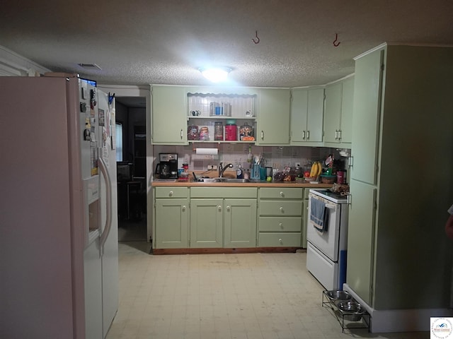 30512 S Hess Rd, Harrisonville, MO 64701 - kitchen with white appliances, green cabinetry, light floors, a textured ceiling, and open shelves