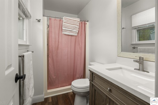 321 E 17th St, Sedalia, MO 65301 - full bath featuring wood finished floors, toilet, vanity, and a shower with shower curtain