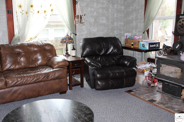 1613 S Vermont Ave, Sedalia, MO 65301 - living room featuring a wood stove, healthy amount of natural light, and carpet floors