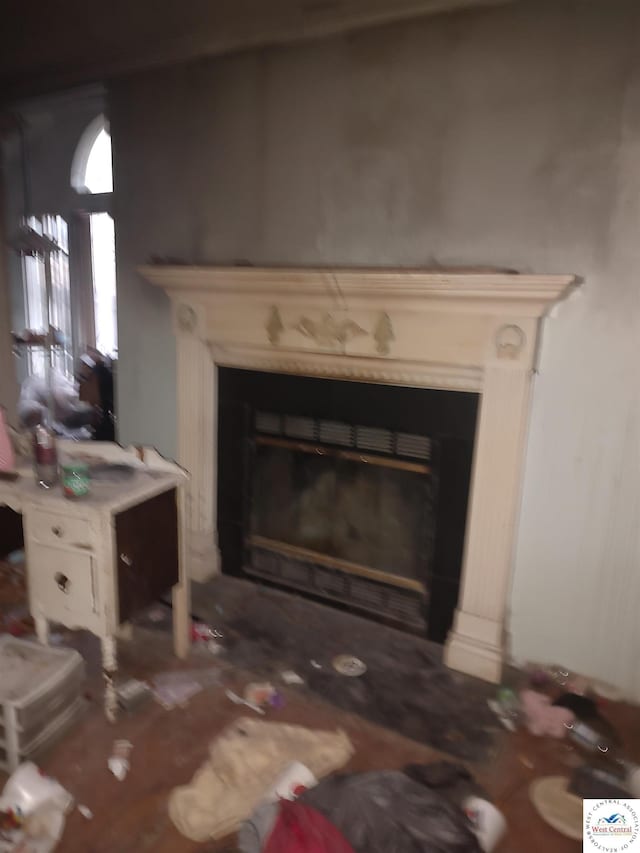 interior details with a glass covered fireplace