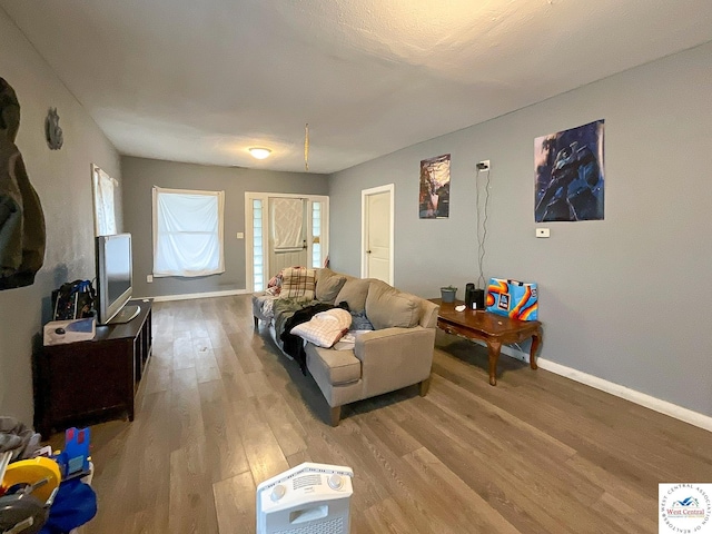 living area featuring baseboards, light wood-style flooring, and plenty of natural light