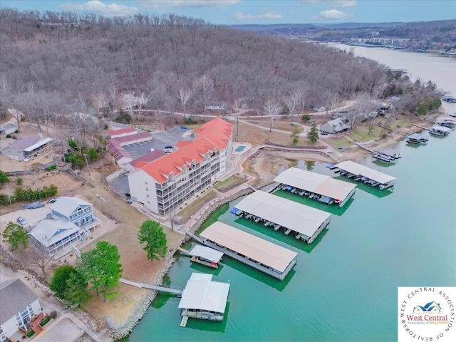 bird's eye view with a wooded view and a water view