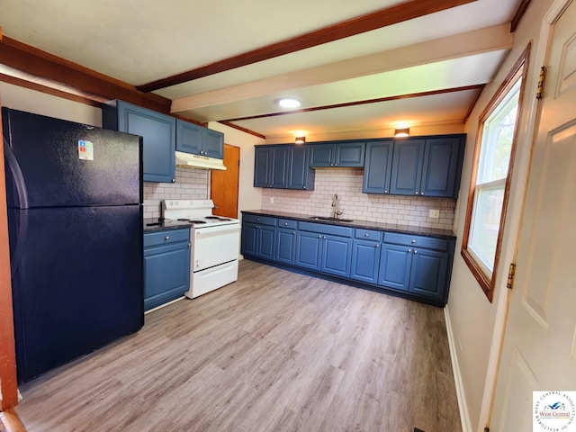 705-709 S Park Ave, Sedalia, MO 65301 - kitchen featuring freestanding refrigerator, white range with electric cooktop, blue cabinetry, dark countertops, and under cabinet range hood