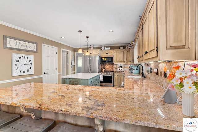kitchen featuring appliances with stainless steel finishes, light stone countertops, backsplash, and a sink