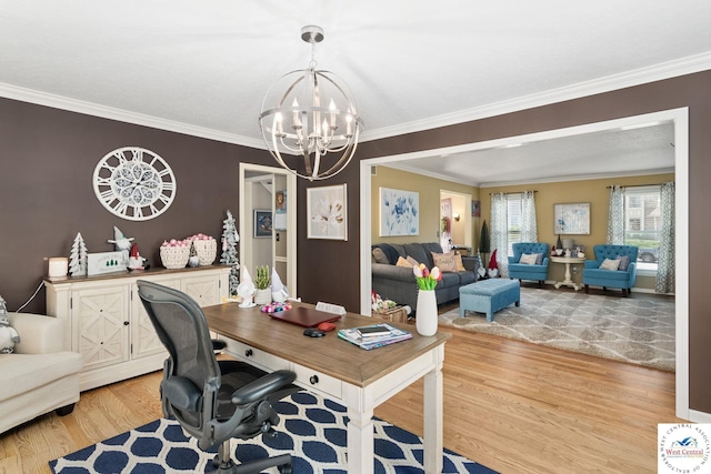 office area featuring light wood-type flooring, crown molding, and a notable chandelier