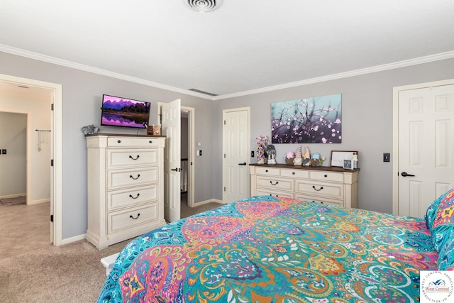 bedroom with ornamental molding, visible vents, carpet flooring, and baseboards