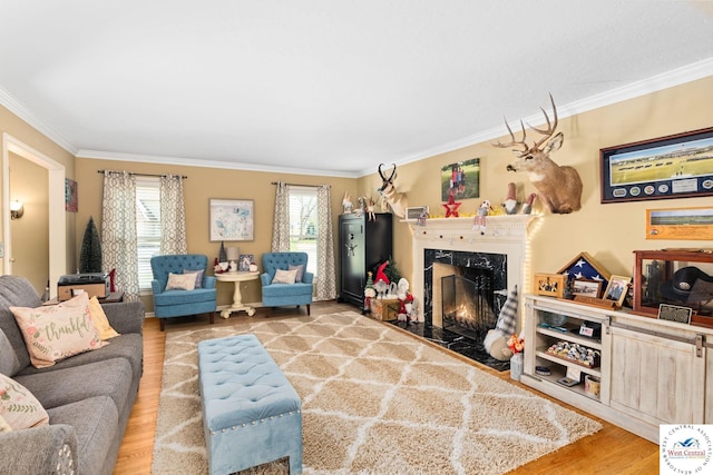 living area with ornamental molding, light wood-type flooring, and a fireplace