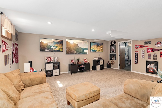 living room with carpet, recessed lighting, and baseboards