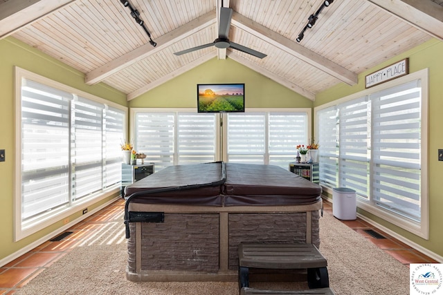 tiled office featuring rail lighting, ceiling fan, visible vents, and wooden ceiling