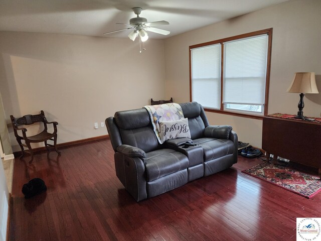 810 E Cedar St, Clinton, MO 64735 - living room featuring wood-type flooring, ceiling fan, and baseboards