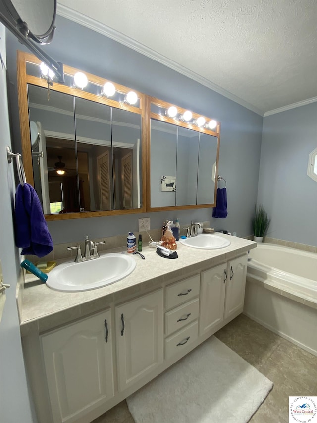 715 Ww Hwy, Osceola, MO 64776 - full bath with double vanity, ornamental molding, a garden tub, and a textured ceiling
