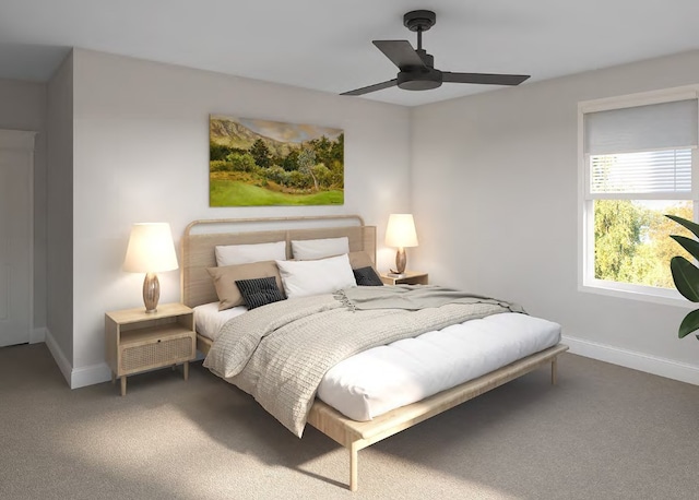 bedroom featuring baseboards, carpet flooring, and ceiling fan
