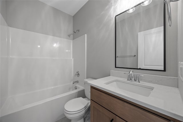 full bathroom with vanity, toilet, and washtub / shower combination