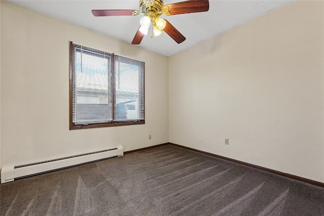 spare room with ceiling fan, a baseboard radiator, and dark carpet