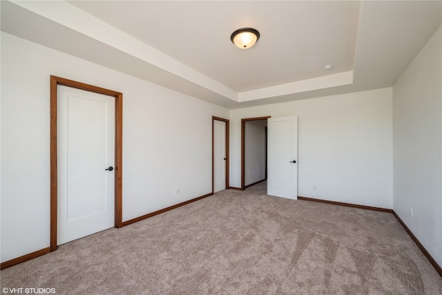 carpeted empty room featuring a tray ceiling