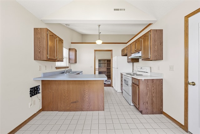 kitchen featuring hanging light fixtures, kitchen peninsula, white range with electric stovetop, sink, and light tile floors