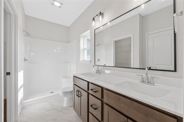 full bath with a walk in shower, marble finish floor, a sink, and visible vents