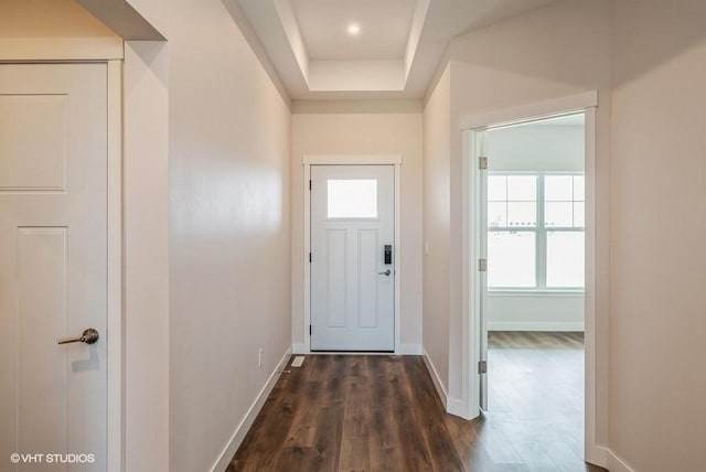 doorway to outside with a raised ceiling and dark hardwood / wood-style flooring