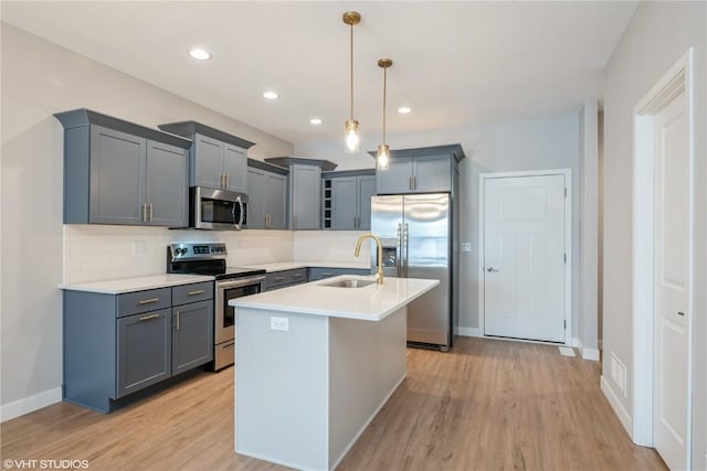 kitchen with pendant lighting, sink, appliances with stainless steel finishes, tasteful backsplash, and a center island with sink