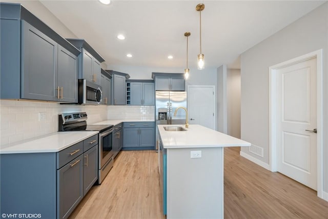 kitchen featuring sink, a kitchen island with sink, hanging light fixtures, stainless steel appliances, and light wood-type flooring