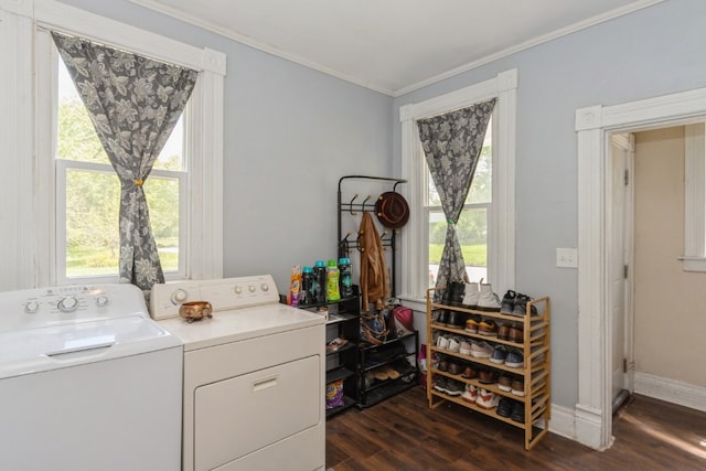 laundry room with plenty of natural light, dark wood-type flooring, and washing machine and clothes dryer