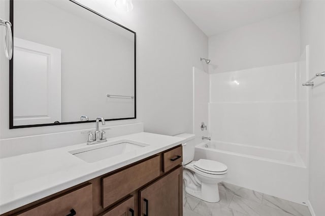 full bathroom with toilet, vanity, and bathing tub / shower combination