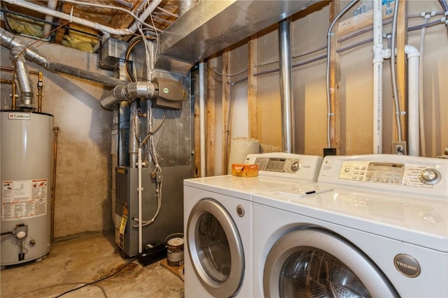 clothes washing area with heating unit, washer and dryer, and water heater