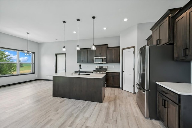 kitchen with dark brown cabinetry, sink, stainless steel appliances, decorative light fixtures, and a center island with sink